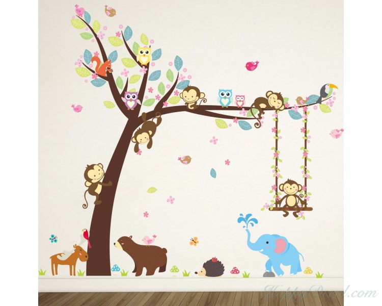 Playroom Decor Tree with Zoo Animals Swing Elephant, Monkeys, Bear