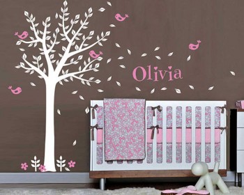 Tree Wall Decal with Birds Leaves & Customized Name