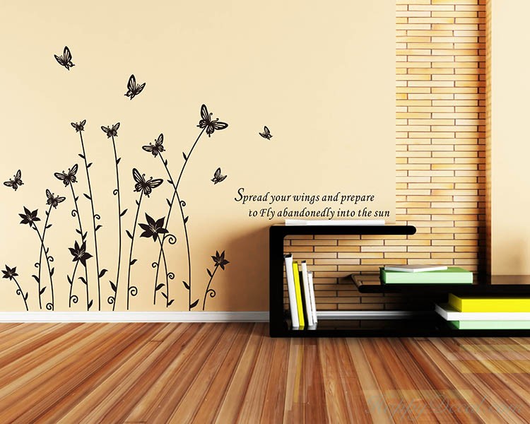 Pretty Lady Wall Sticker With Butterfly Flower Wall Art Decoration Romantic Black Removable Eco Friendly Wall Decal