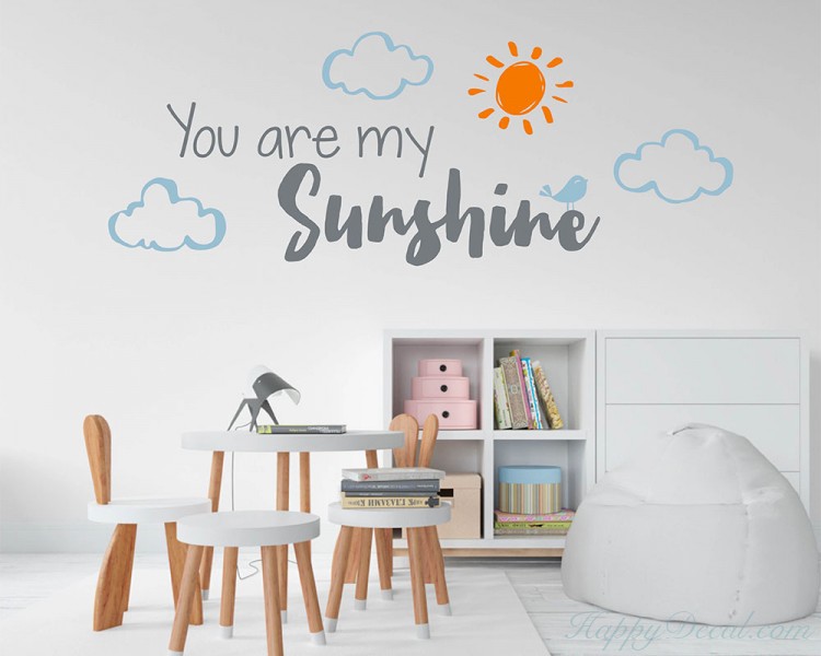 You are my Sunshine Quote with Clouds and Sun Decal-Nursery Wall Decal