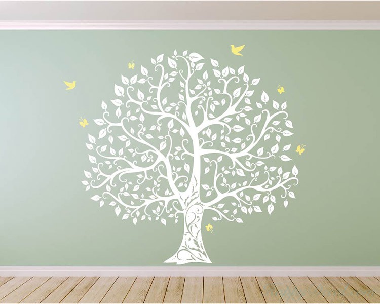 Large Tree with Birds and Butterflies Wall Decal Vinyl Tree Art Stickers