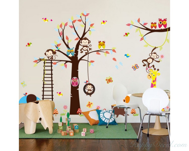 Tree Wall Sticker Children Bedroom Stickers with Squirrel Fox Mushroom ...