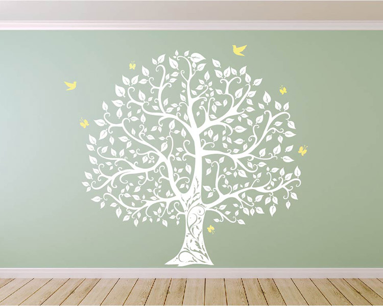 Large Tree with Birds and Butterflies Wall Decal Vinyl Tree Art Stickers